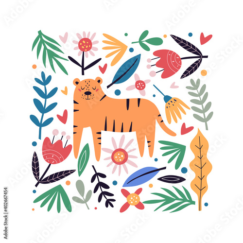 Cute tiger flat vector illustration. Funny tiger with cute flowers and leaves. Childish t shirt print design.