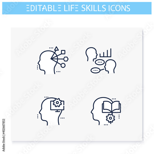 Life skills line icons set. Personality strengths. Computer skills, education, adaptability and more. Soft skills concept. Human resources management. Isolated vector illustrations. Editable stroke 