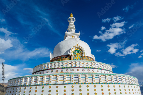 Shanti Stupa, a Buddhist white-domed stupa (chorten) on the top of Chanspa, Leh city, Ladakh of the   Jammu and Kashmir