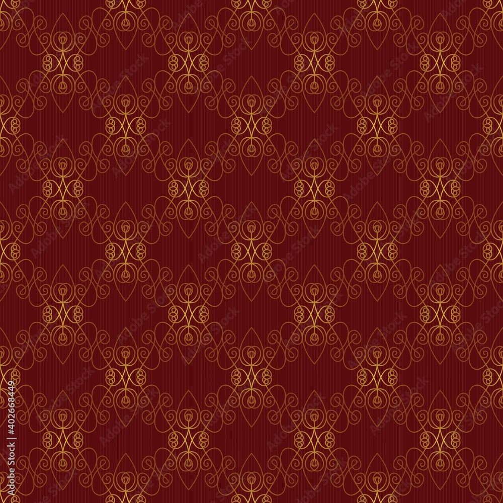 decorative seamless golden pattern on a maroon background. ornate ornament. doodle style.