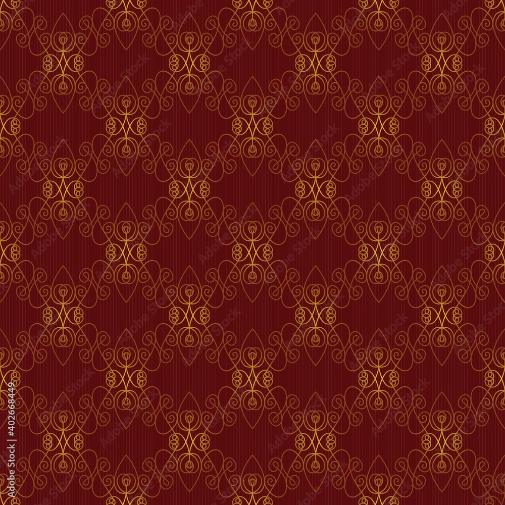 decorative seamless golden pattern on a maroon background. ornate ornament. doodle style. decorative seamless golden pattern on a maroon background. ornate ornament. doodle style.
