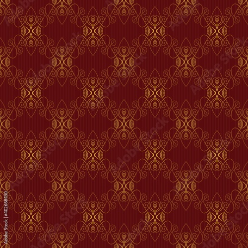 decorative seamless golden pattern on a maroon background. ornate ornament. doodle style.