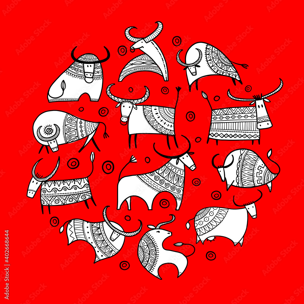 Happy new year card 2021. Bull, ox, cow. Template for your design