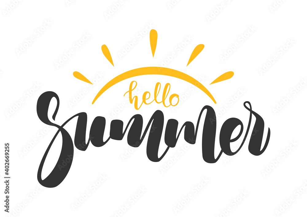 Hand drawn lettering composition of Hello Summer with doodle sun. Handwritten calligraphy design. Hand drawn lettering composition of Hello Summer with doodle sun. Handwritten calligraphy design.