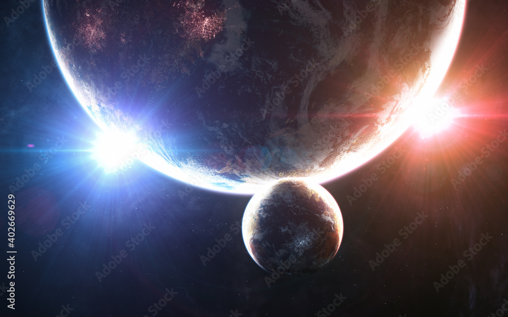 Inhabited planets of deep space. Rising of red and blue stars. Science fiction. Elements of this image furnished by NASA