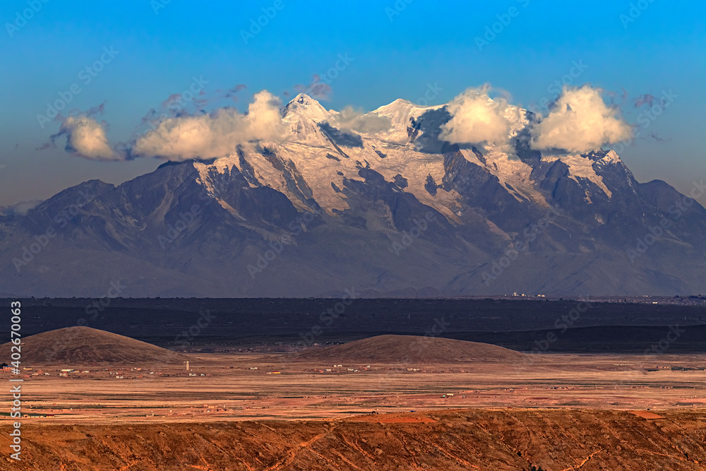 Bolivia. Landscape of the Altiplano and Illimani (the highest mountain in the Cordillera Real)