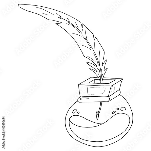 Inkwell with a feather. Vector vintage inkwell with feather.