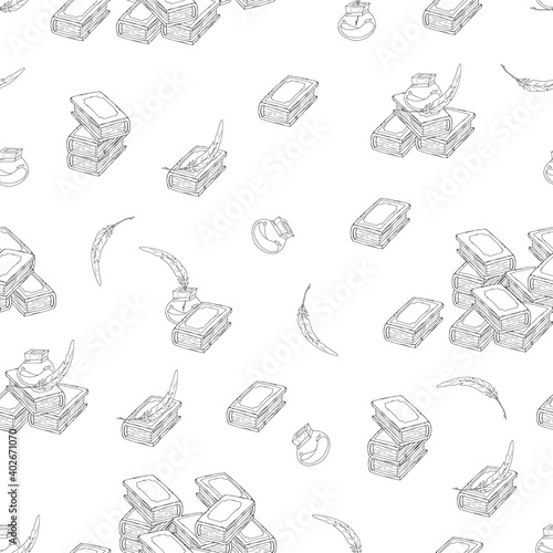 Antique books with ink and feather. Seamless pattern. Vector background. Old books and inkwells.
