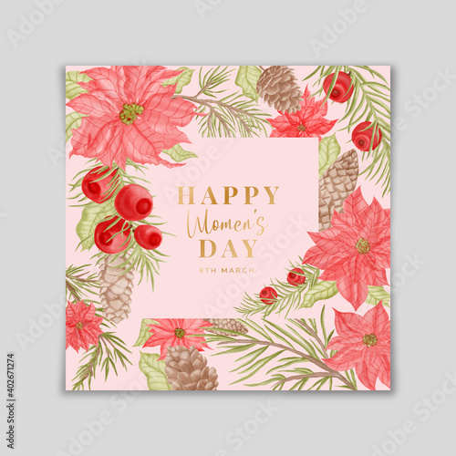 Happy women's day greeting card with floral watercolor background photo