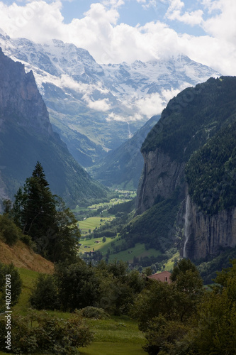 The spectacular Lauterbrunnen valley, Breithorn and the Staubbach Falls, Bernese Oberland, Switzerland, from Wengwald © Will Perrett