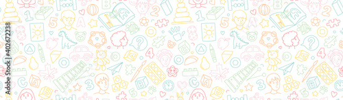 Preschool kindergarten Educational toys doodle line vector illustration seamless pattern.