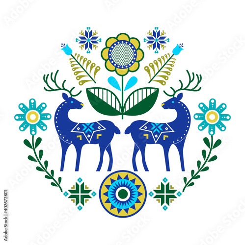 Scandinavian cute folk art with deer and flowers. Retro background inspired by Swedish and Norwegian traditional.