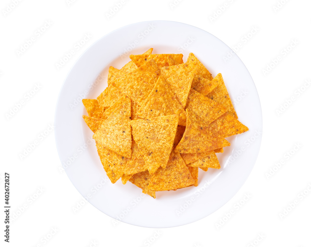 mexican nachos chips on a ceramic plate isolated on a white background, top view. mexican nachos chips on a ceramic plate isolated on a white background, top view.