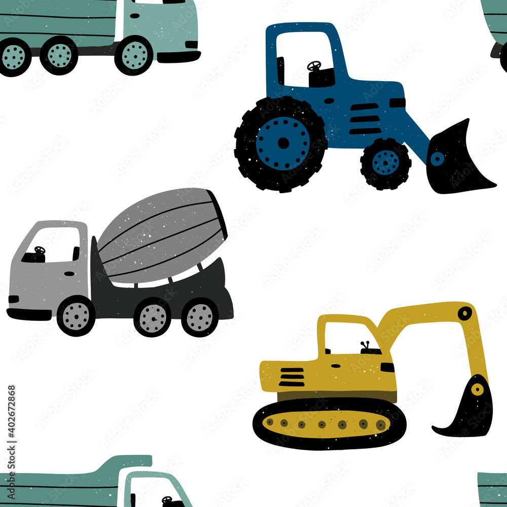 Obraz premium Cute construction machines seamless pattern for boys. Perfect for textile, fabrics and apparel. Scandinavian style vector illustration.
