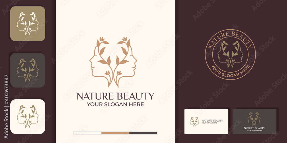 Beauty woman face flower logo with line art style and business card design. abstract design concept