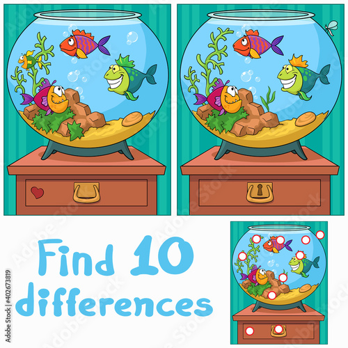 Funny fish in the aquarium. Find 10 differences. Educational game for children. Cartoon vector illustration.