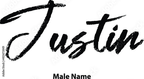 Justin-Male Name Written Letter Brush Calligraphy Text on White Background photo