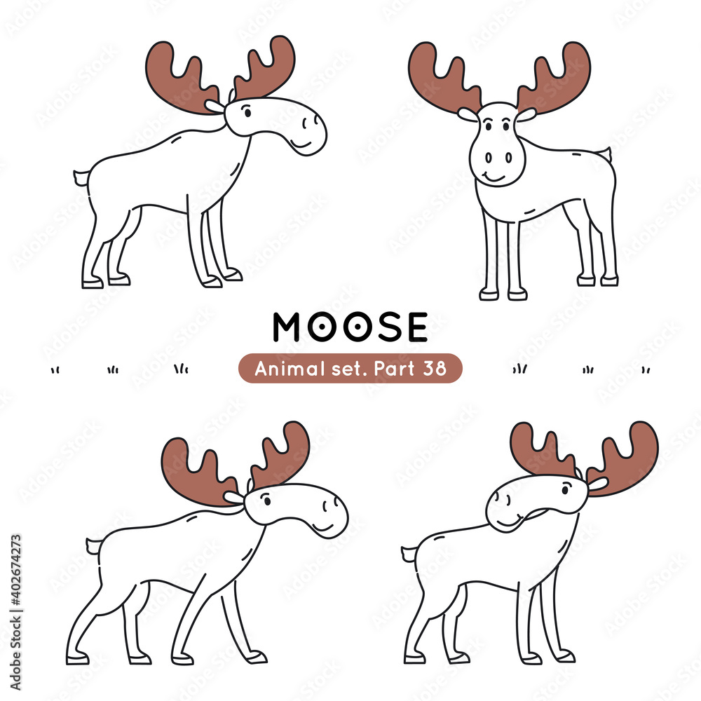Set of doodle moose in various poses. Collection of cute characters isolated.