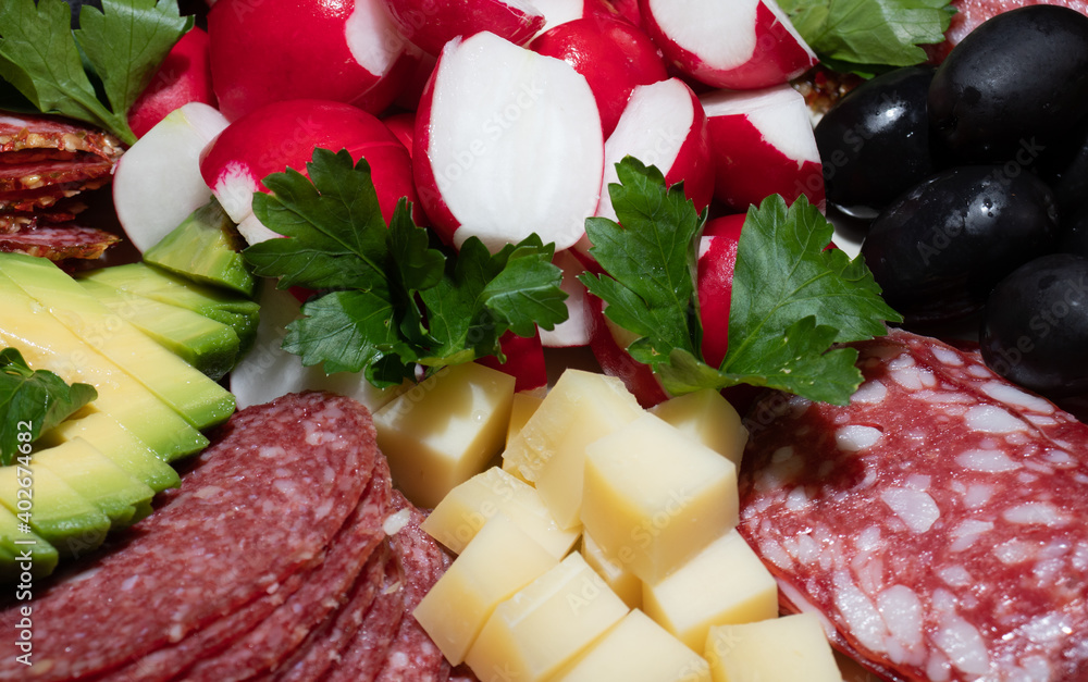 Appetizer plate with salami, cheese, green and radishes. Food background