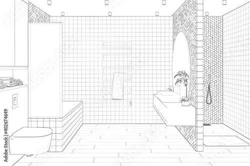 Sketch of the bathroom with a tiled floor, a shower, washbasin, a large mirror on a mosaic wall, a towel, a heated towel rail, a bathroom with a partition, a toilet bowl. 3d render