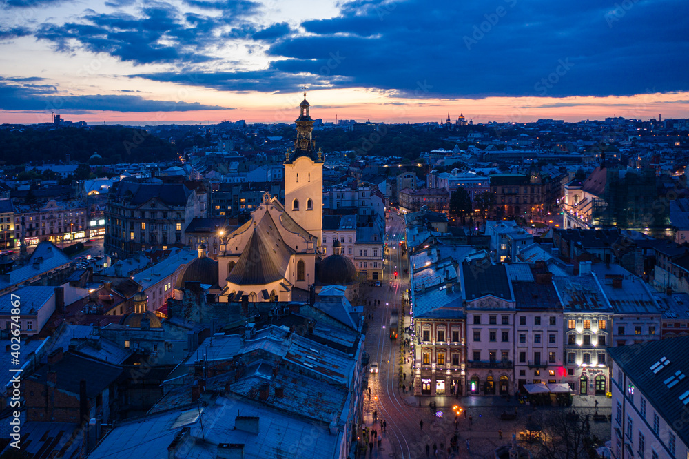 View on Latin Cathedral in Lviv, Ukraine  at night from drone