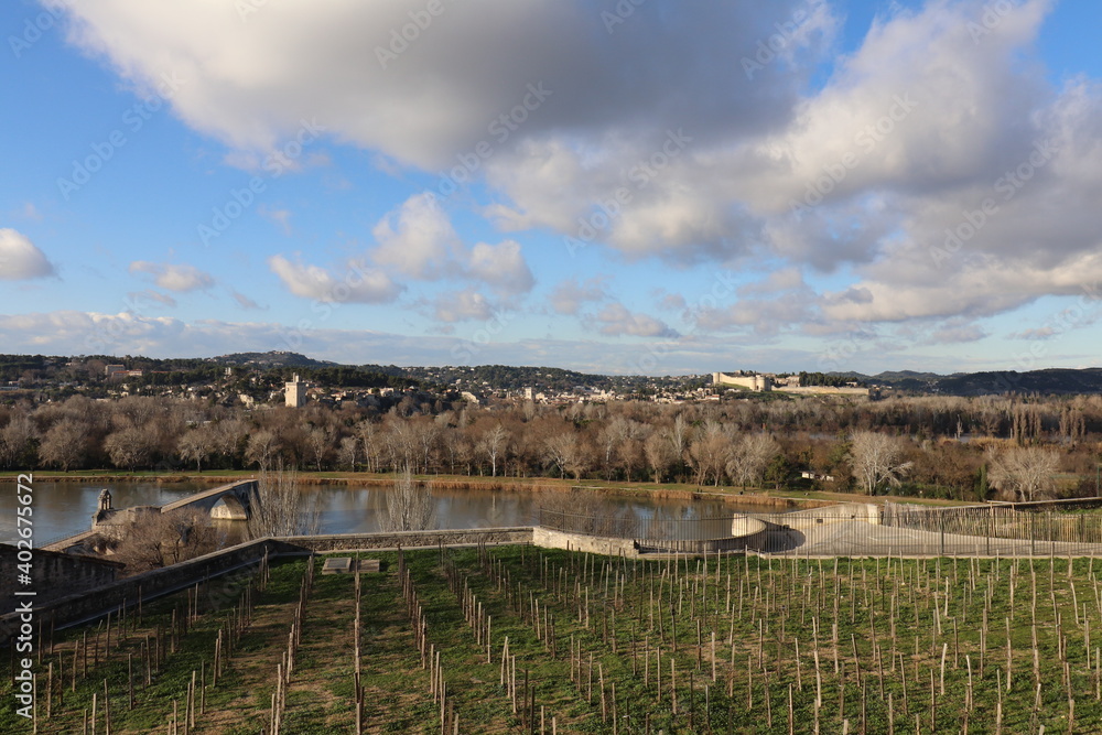 Le fleuve Rhône vu depuis la cité des papes en hiver, ville de Avignon, département du Vaucluse, France Le fleuve Rhône vu depuis la cité des papes en hiver, ville de Avignon, département du Vaucluse, France
