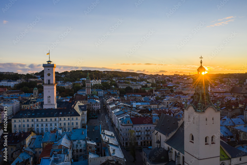 Aerial view on City Hall and Latin Cathedral in Lviv, Ukraine from drone