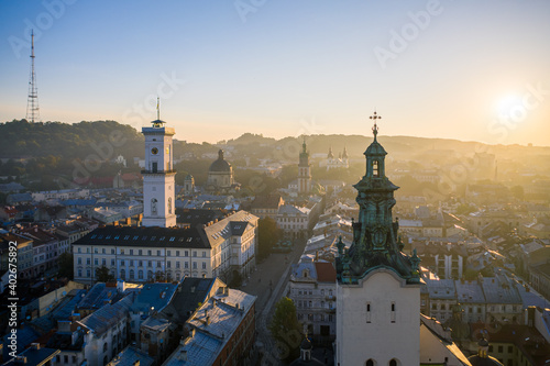 Aerial view on City Hall and Latin Cathedral in Lviv, Ukraine from drone