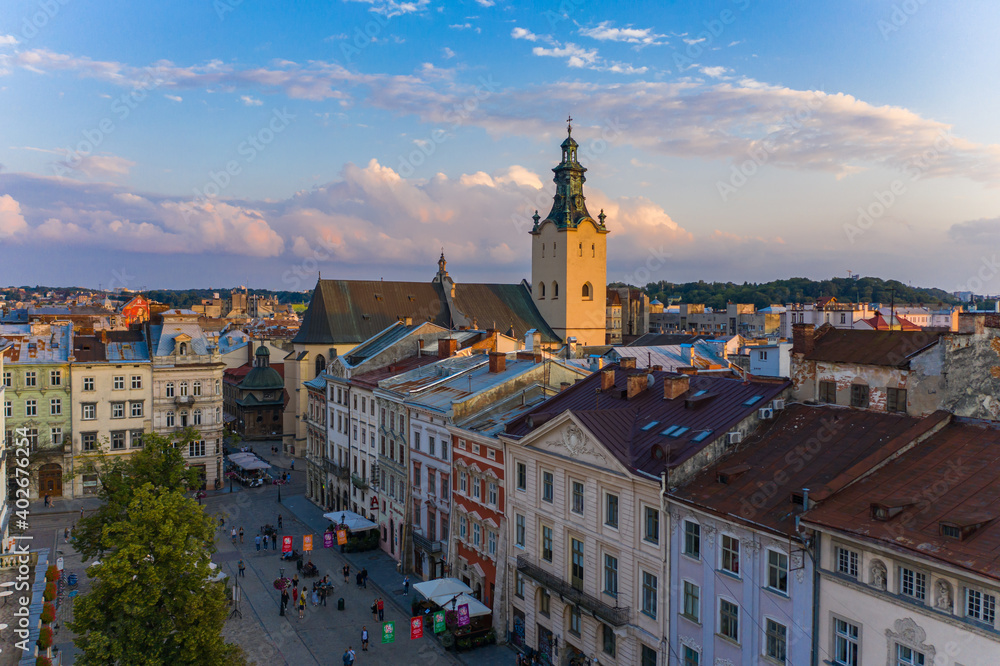 Naklejka premium View on Latin Cathedral in Lviv, Ukraine from drone