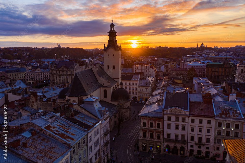 Fototapeta premium View on Latin Cathedral in Lviv, Ukraine from drone