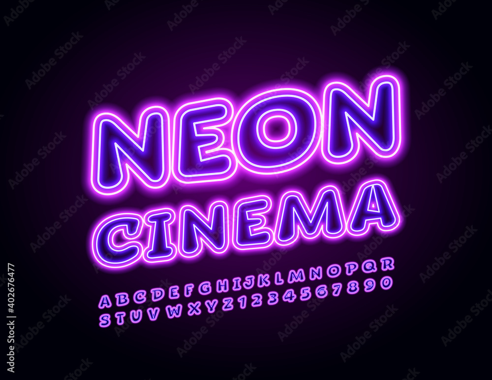 Vector entertainment flyer Neon Cinema. Violet light Font. Glowing Alphabet Letters and Numbers set