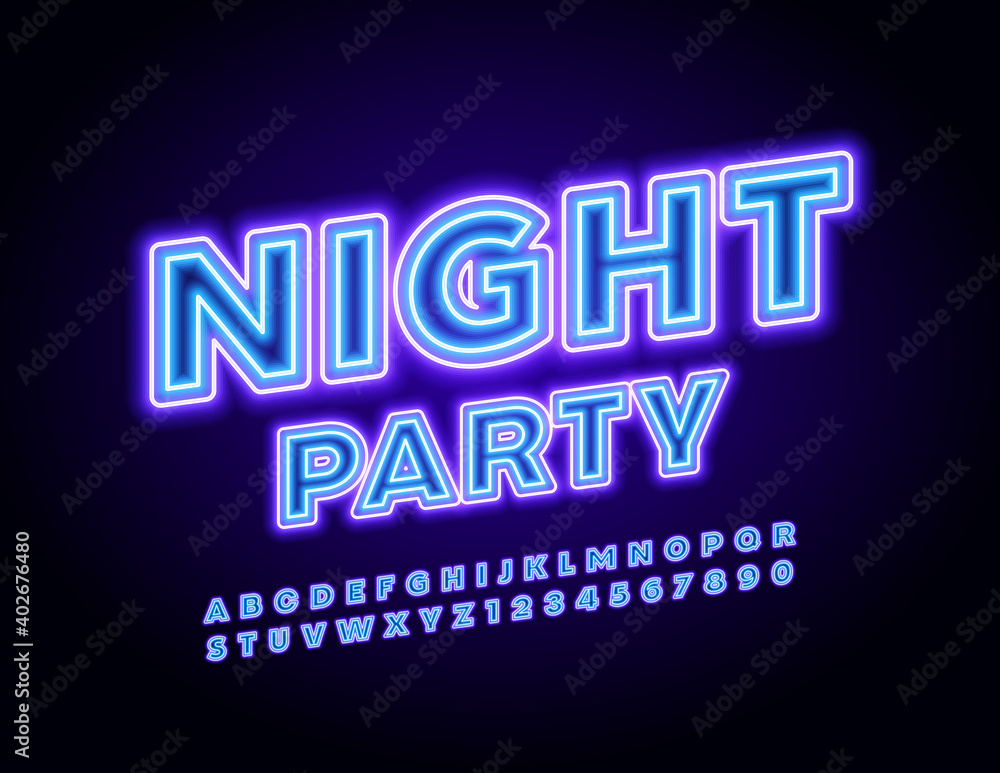 Vector glowing poster Night Party. Neon Uppercase Font. Artistic Alphabet Letters and Numbers Vector glowing poster Night Party. Neon Uppercase Font. Artistic Alphabet Letters and Numbers
