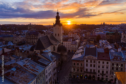 View on Latin Cathedral in Lviv, Ukraine from drone