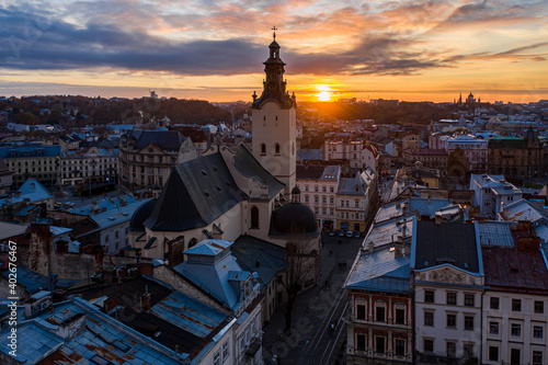 View on Latin Cathedral in Lviv, Ukraine from drone