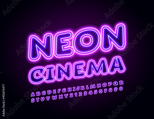 Vector entertainment flyer Neon Cinema. Violet light Font. Glowing Alphabet Letters and Numbers set