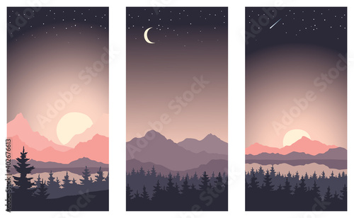 Abstract night landscape with mountains and firs. Three vector illustrations, wallpapers. Twilight, sunset.	