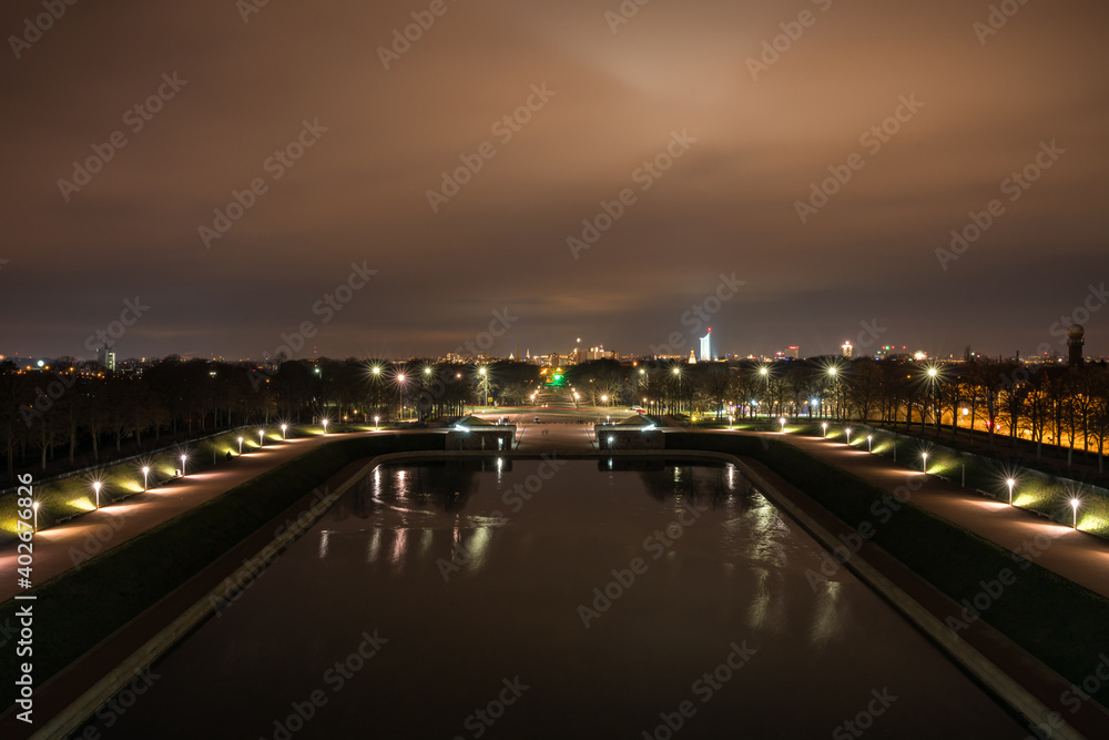 View from the Monument to the Battle of the Nations at night at the skyline of Leipzig at night
