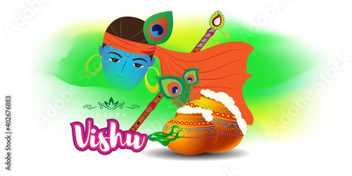 Vector illustration of Happy Vishu concept banner. kerala New Year, Indian hindu festival poster with vishu flowers and pots.