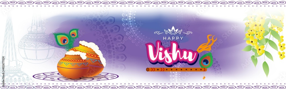 Vector illustration of Happy Vishu concept banner. kerala New Year, Indian hindu festival poster with vishu flowers and pots.