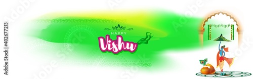 Vector illustration of Happy Vishu concept banner. kerala New Year  Indian hindu festival poster with vishu flowers and pots.