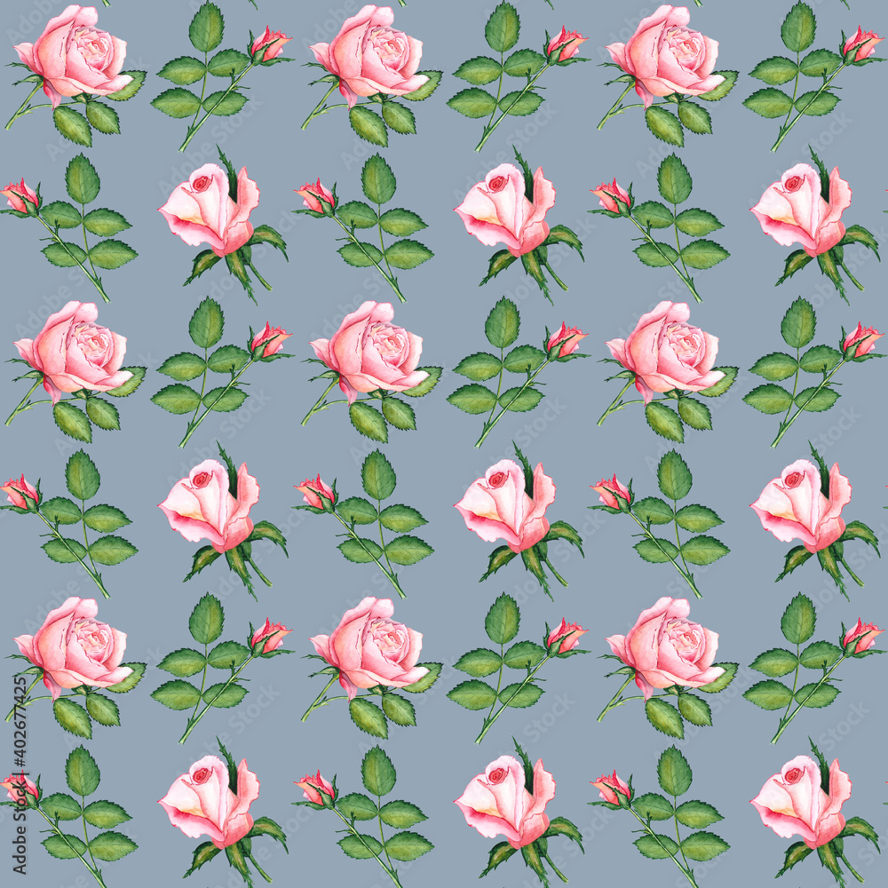 watercolor hand drawn seamless pattern. pink roses on the blue background