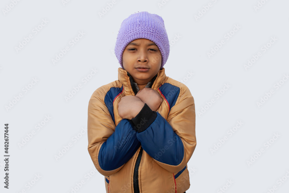 Portrait of Boy shivering in winter Portrait of Boy shivering in winter