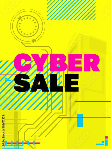 Modern banner in cyberpunk style. Universal banner on the theme of sales	

