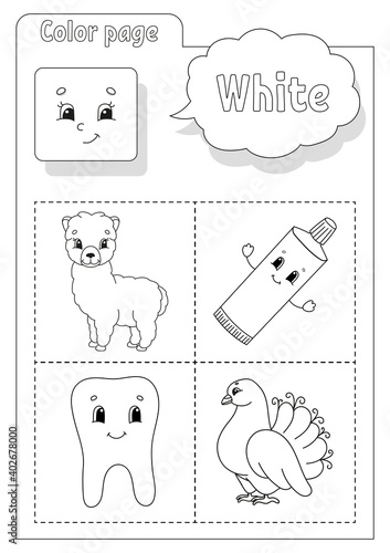Coloring book. Learning colors. Flashcard for kids. Cartoon characters. Picture set for preschoolers. Education worksheet. Vector illustration.