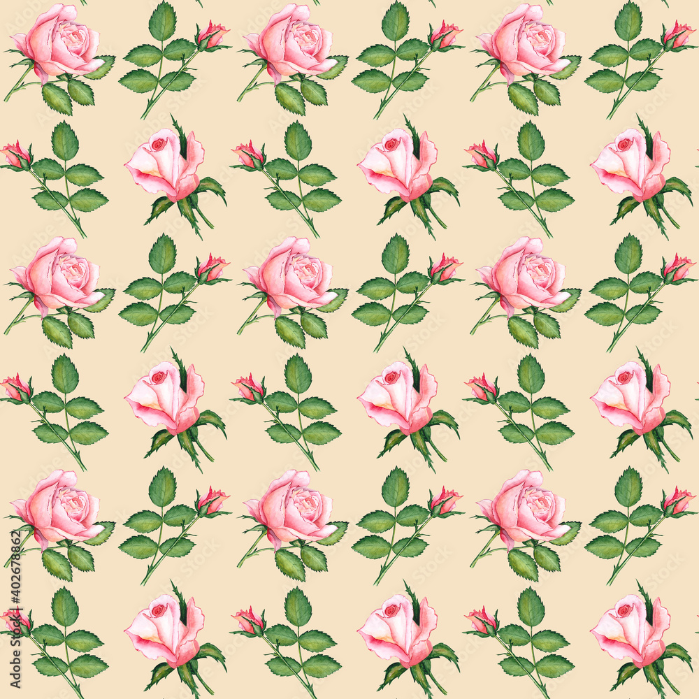 seamless pattern with pink flowers. pink roses on the yellow seamless background