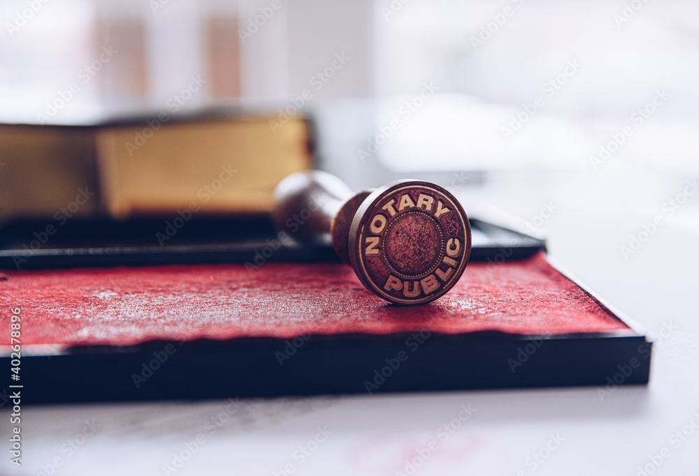 Notary stamp on the desk in the notary's office.