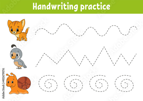 Handwriting pactice. Education developing worksheet. Activity page. Color game for children. Isolated vector illustration. Cartoon character.