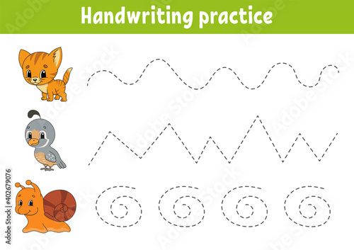 Handwriting pactice. Education developing worksheet. Activity page. Color game for children. Isolated vector illustration. Cartoon character.