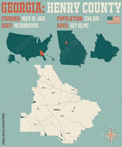 Large and detailed map of Henry county in Georgia, USA.