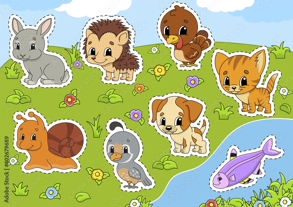 Naklejka premium Set animals. Cute cartoon characters. Pet clipart. Hand drawn. Colorful pack. Vector illustration. Patch badges collection. Label design elements. For daily planner, diary, organizer.